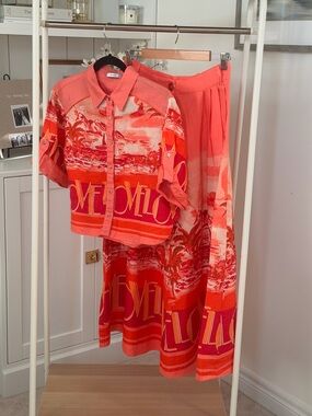 Sheike Coral and Pink Graphic Button-Up Top with Matching Skirt Set